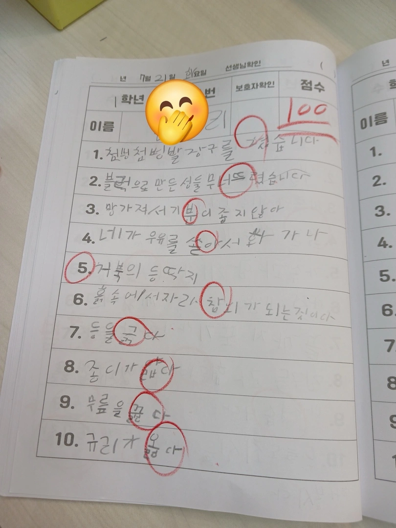 트이다학원 학생의 받아쓰기 공책 — 열 문장 모두 맞아 100점을 받은 모습